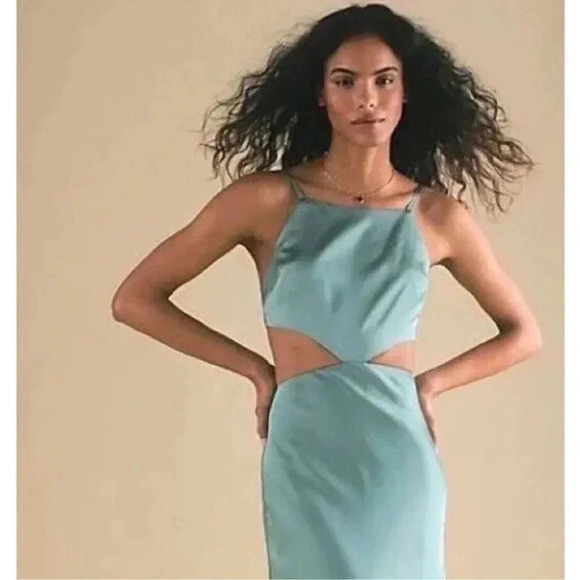 NWT Free People Fame And Partners Liv Satin Maxi Dress Cutout Blue Green - Picture 13 of 16